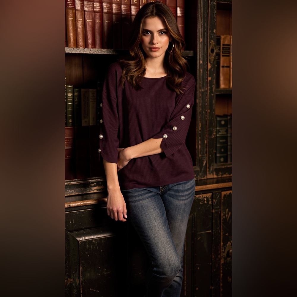 LOFT Deep Purple Blouse with Pearl Embellishments